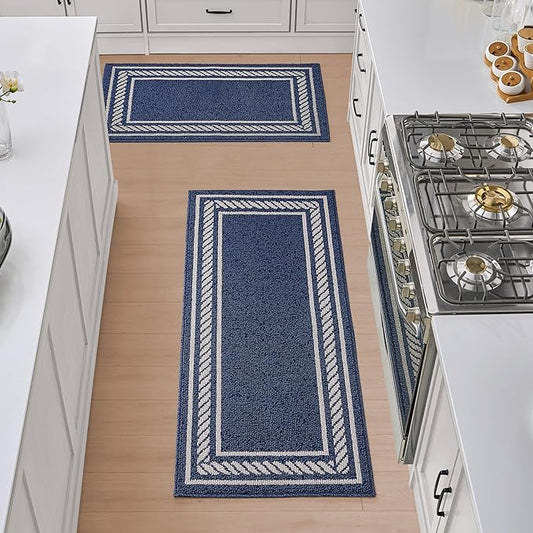 Nautica – Runner Rug 2 Piece Set | Indoor Runners for Hallways and Entry Rugs| Non-Skid Entry and Kitchen Door Mat| Machine Washable Carpet Rugs | 2'2" x 3'9" and 2'2" x 5' | Rope Border Denim