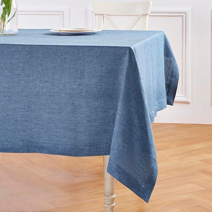 Solino Home Linen Tablecloth 60 x 90 Inch - 100% Pure Linen Blue Denim Table Cloth for Rectangular Tables - Athena, Machine Washable Cloth Tablecloth for Christmas, New Year