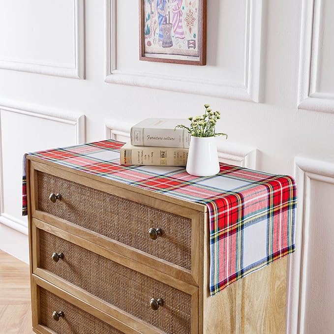 Solino Home Linen Table Runner 36 Inches - 100% Pure Linen Stewart Tartan Plaid White Table Runner 14 x 36 Inch Ideal for Dresser and Coffee Tables