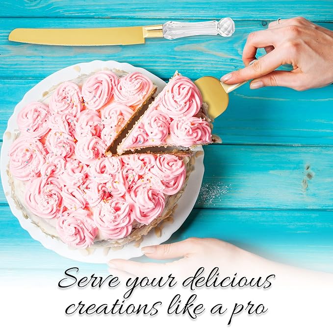 wedding knife and server set gold, Gold Cake Cutter and Pie Spatula, Cake Server and Knife Set of 2 with Crystal Handles, 1.2mm Thick Blades,Cake Cutting Set for Wedding Cake, Birthdays, and Parties