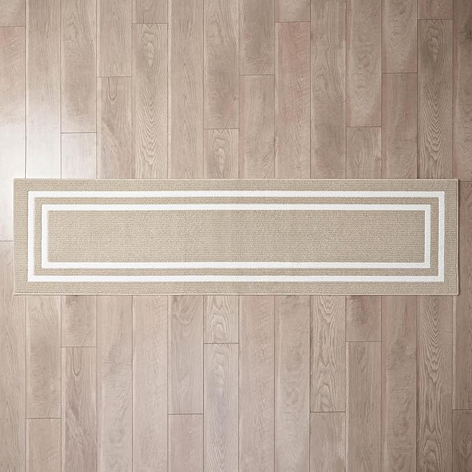 Nautica – Runner Rug | Indoor Runners for Hallways and Entry Rugs| Non-Slip and Non-Skid Entry and Kitchen Door Mat| Machine Washable Entryway Carpet Rugs | 2'6" x 10' | Double Border Beige