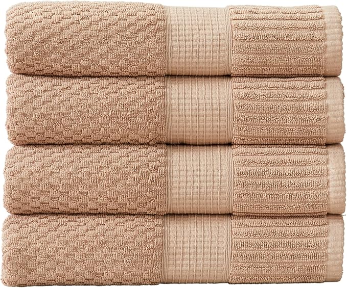 NY Loft 100% Cotton 4 Pack Bath Towel Set| Super Soft & Absorbent Quick-Dry Bath Towels 30" x 52" |Textured and Durable Cotton | Trinity Collection (4 Pack, Light Taupe)
