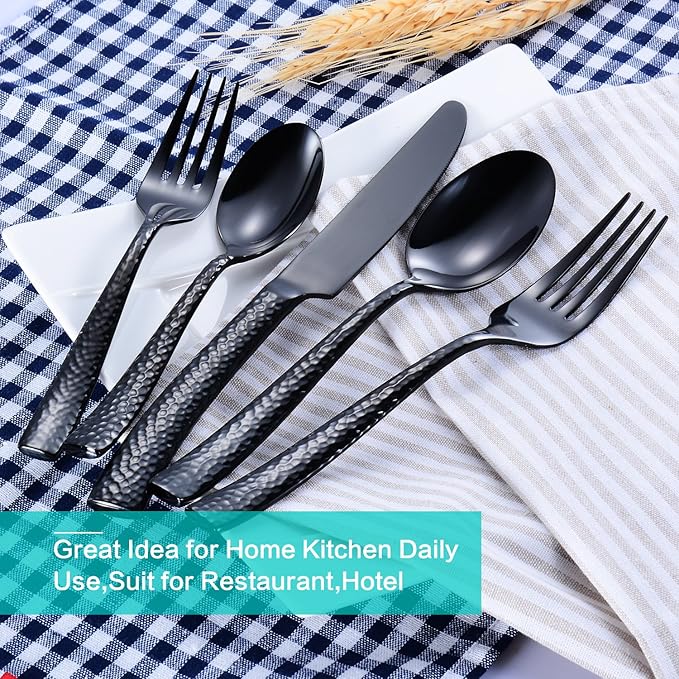 Silverware Set Black Hammered Pattern Flatware Cutlery Stainless Steel Utensil 20 Pieces Spoons Forks and Knives Service for 4