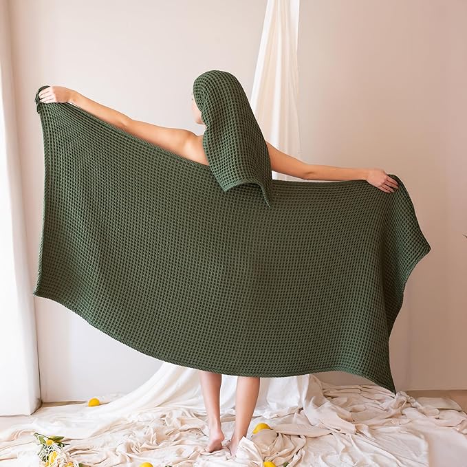 Premium Waffle Bath Towels Pack of 2 Extra Large 35x71 inch - 100% Turkish Cotton, Waffle Weave, Quick Dry, Lint Free, Oversized, Thin Bath Sheet Towel (Dark Green, Set of 2 Bath Towels)