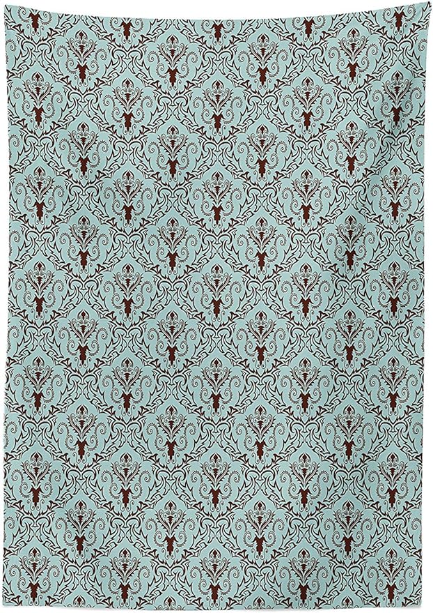 Ambesonne Damask Tablecloth, Classic Design Style Leaves Foliage with Damask Pattern Curvy Lines Ornate, Rectangular Table Cover for Dining Room Kitchen Decor, 60" X 90", Turquoise Brown