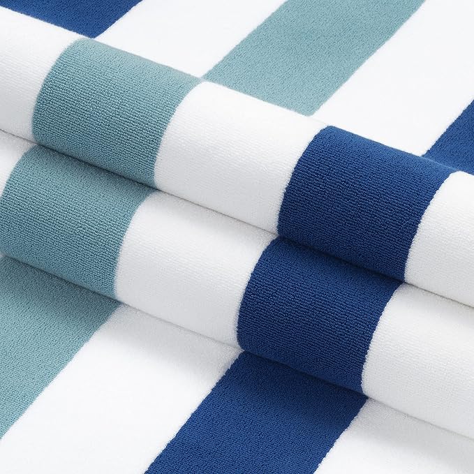 Laguna Beach Textile Co. Striped Cabana Beach Towel - Oversized, Plush 630 GSM Cotton - Marine Blue & Sea Glass Green
