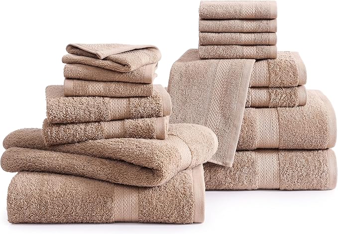 LANE LINEN 100% Mercerized Cotton Bathroom Towel Set - 16 Pieces - Fluffy, Super Soft & Highly Absorbent - 4 Bath Towels, 8 Washcloths, 4 Hand Towels - Ring Spun, Double Sided Cotton Terry - Taupe