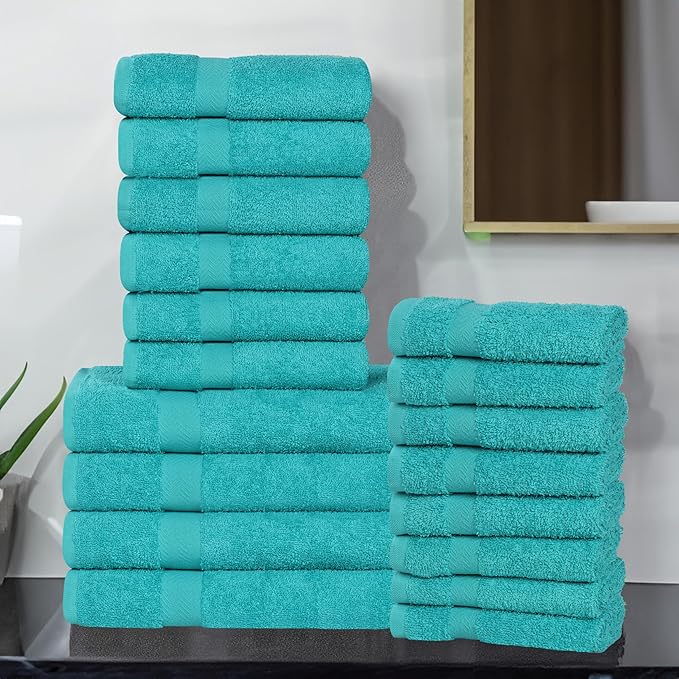 Superior 18-Piece Cotton Assorted Towel Set, Includes 8 Face/Washcloths, 6 Hand, and 4 Bath Towels, Lightweight Essentials, for Home, Beach, Bathroom, Quick Drying, Franklin Collection, Turquoise