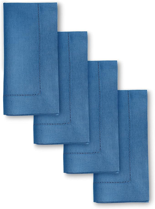 Solino Home Linen Napkins Set of 4 - Classic Hemstitch 100% Pure Linen Indigo Blue Dinner Napkins Cloth 20 x 20 Inch for New Year - Handcrafted and Machine Washable