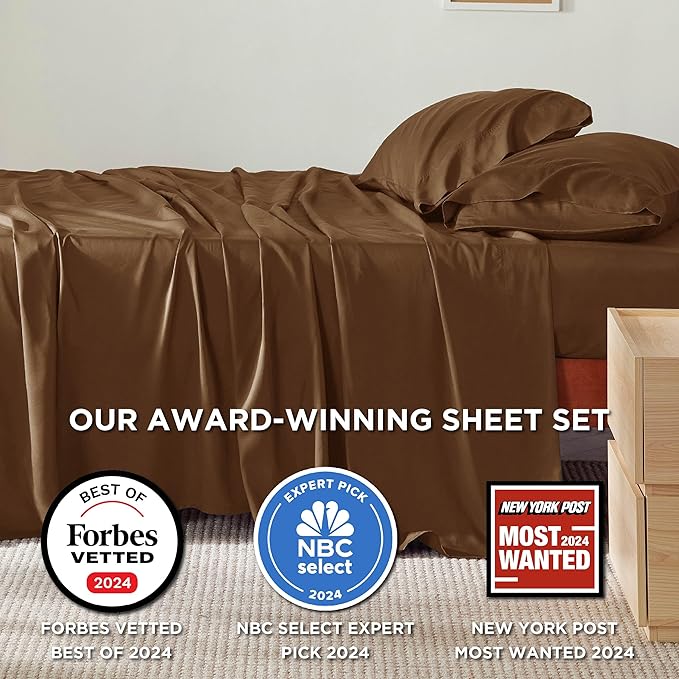 Bedsure King Size Sheets Set, Cooling Sheets for Hot Sleepers, Rayon Derived from Bamboo, Breathable & Soft, Deep Pocket Up to 16 Inches, Hotel Luxury Silky Bedding, Brown