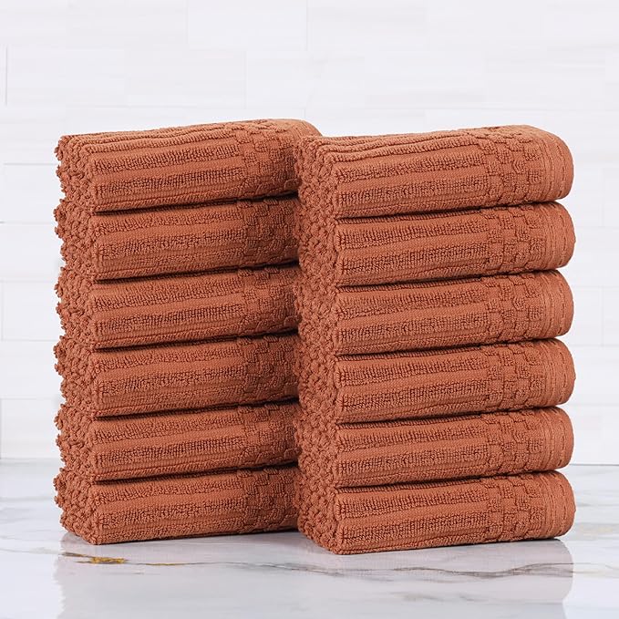 Superior Cotton Face Towel/Washcloth Set of 12, Daily Use for Bathroom, Guest Bath, Quick Dry Small Towels, Face, Hand, Gym, Spa, Hotel, Absorbent, Essentials, Ribbed, Soho Collection, Rust