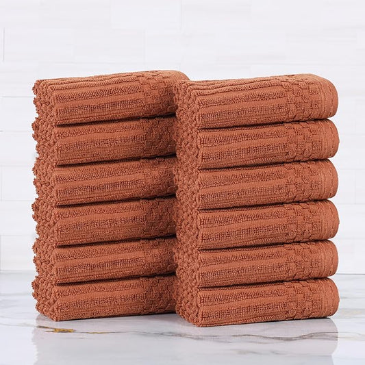 Superior Cotton Face Towel/Washcloth Set of 12, Daily Use for Bathroom, Guest Bath, Quick Dry Small Towels, Face, Hand, Gym, Spa, Hotel, Absorbent, Essentials, Ribbed, Soho Collection, Rust