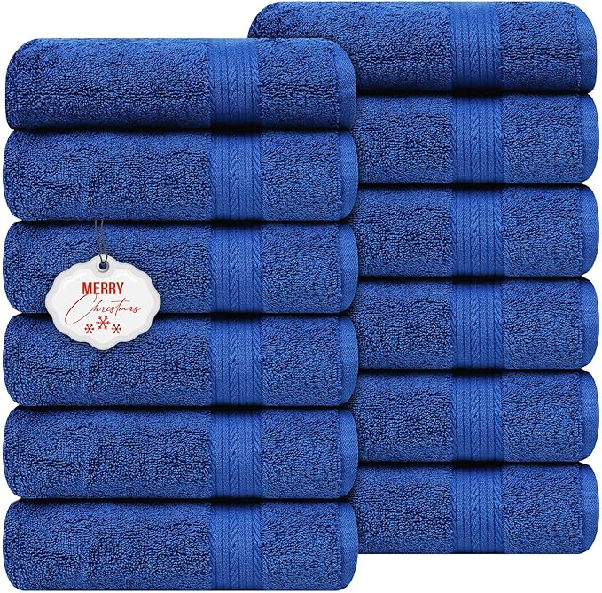 Ample Decor Hand Towels 18 X 28 Inch Set of 12 600 GSM 100% Cotton, Soft Absorbent Thick Durable Premium Quality, for Hotel, Bathroom, Spa, Daily Use, Gym - Machine Washable - Navy Blue