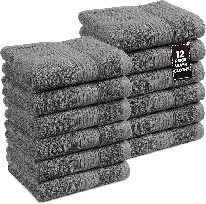 LANE LINEN Pack of 12 Washcloths Set - Spa & Salon Quality - 100% Mercerized Cotton Face Towels - Ring Spun, Very Soft & Absorbent Wash Cloths for Showering - Fingertip Towels - 13"x13", Space Grey