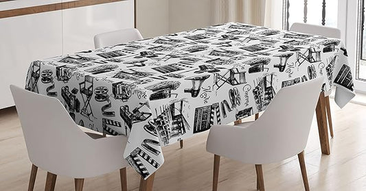 Ambesonne Movie Tablecloth, Vintage Film Cinema Motion Camera Action Record Graphic Style Print, Rectangular Table Cover for Dining Room Kitchen Decor, 60" X 84", White Black