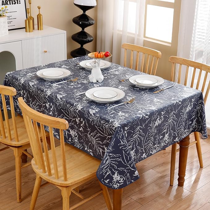 Walrus Heavy Duty Vinyl Tablecloth with Flannel Backing Waterproof Oil-Proof Plastic Table Cloth Stain-Resistant Wipeable Rectangle or Square Table Cover for Indoor and Outdoor (Blue Leaf,60x84 Inch)