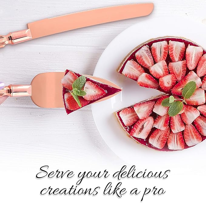 Homi styles Wedding Cake knife and Server Set | Elegant Rose Gold Color Premium 420 Stainless Steel plated Blades | Cake & Pie Serving Set for Wedding Cake, Birthdays, Anniversaries, Parties
