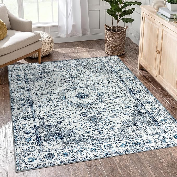 Easy-Going Area Rug 4x6 Washable Boho Rugs for Living Room Non-Slip Bedroom Rug Low Pile Lightweight Floral Print Vintage Throw Rug for Dining Room Kitchen Home Office Carpet, Blue Cream