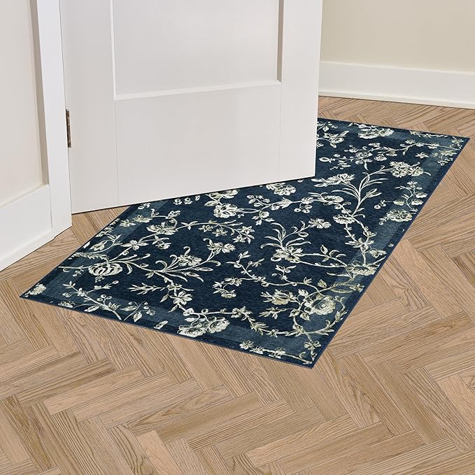 Laura Ashley Dark Navy Aria Floral Border Machine Washable & Slip Resistant 26" x 45" Accent Rug