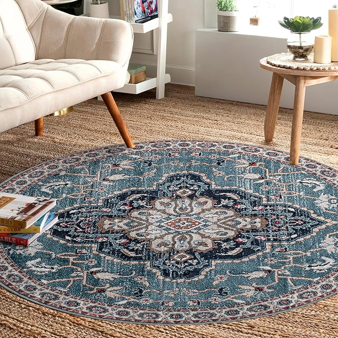 Easy-Going Round Rug 5ft Area Rug Medallion Distressed Washable Circle Rugs for Living Room Non-Slip Bedroom Rug Low Pile Lightweight Vintage Retro Throw Rug for Dining Room Kitchen Office, Teal Brick