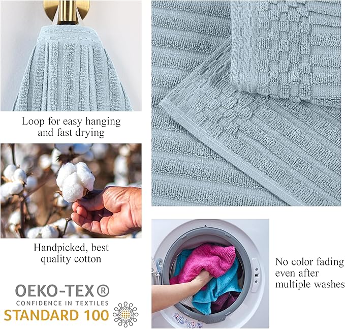 Superior Cotton Face Towel/Washcloth Set of 12, Daily Use for Bathroom, Guest Bath, Quick Dry Small Towels, Face, Hand, Gym, Spa, Hotel, Absorbent, Essentials, Ribbed, Soho Collection, Slate Blue