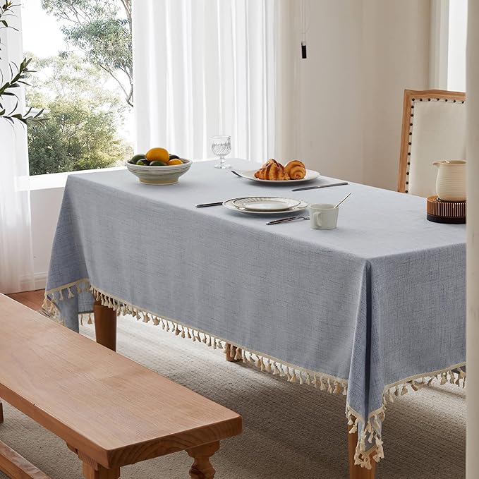 Linen Tablecloth with Tassels, Farmhouse Style Blue Tablecloth, Water Resistant Burlap Tablecloths for Rectangle Table, 60x84 Inch Blue