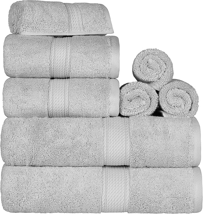 Superior Egyptian Cotton Pile 8 Piece Towel Set, Includes 2 Bath, 2 Hand, 4 Face Towels/Washcloths, Ultra Soft Luxury Towels, Thick Plush Essentials, Guest Bath, Spa, Hotel Bathroom, Silver