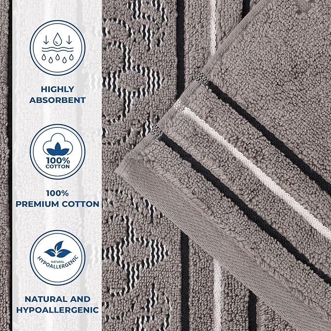 Superior Cotton Face Towel/Washcloth Set, Small Facial Towels, Spa, Hotel, Guest, Home, Bathroom Basics, Plush Soft Absorbent, Luxury Quick Drying, Zero Twist, Assorted Design, Set of 12, Charcoal