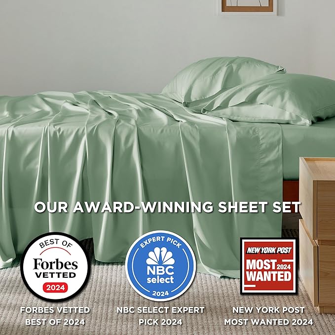 Bedsure Queen Sheet Set, Rayon Derived from Bamboo, Cooling Sheets, Breathable & Soft, Deep Pocket Up to 16 Inches, Hotel Luxury Silky Bedding for Hot Sleepers, Sage Green