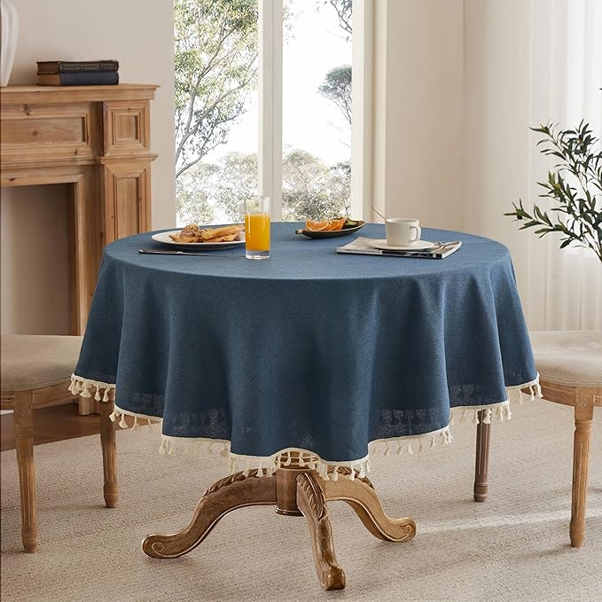 Linen Tablecloth with Tassels, Farmhouse Style Navy Tablecloth, Water Resistant Burlap Tablecloths for Round Table, 52 Inch Round Navy