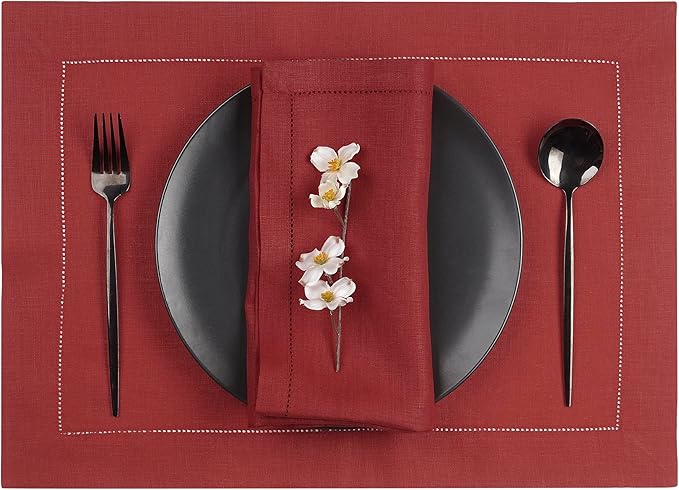 D'Moksha Homes Red Linen Placemats Set of 6 - Classic Hemstitch Placemats 14 x 19 Inch - 100% Pure Linen Table Mats for Winter, Holiday, New Year - Handcrafted and Machine Washable