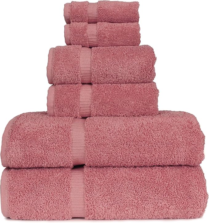 Luxury Hotel & Spa Collection, Quick Dry 100% Turkish Cotton, 700 GSM, Eco Friendly Towel, Bathroom and Kitchen Dobby Border Towels, 2-Bath Towel, 2-Hand Towel, 2-Washcloth (Bundle Set of 6, Pink)