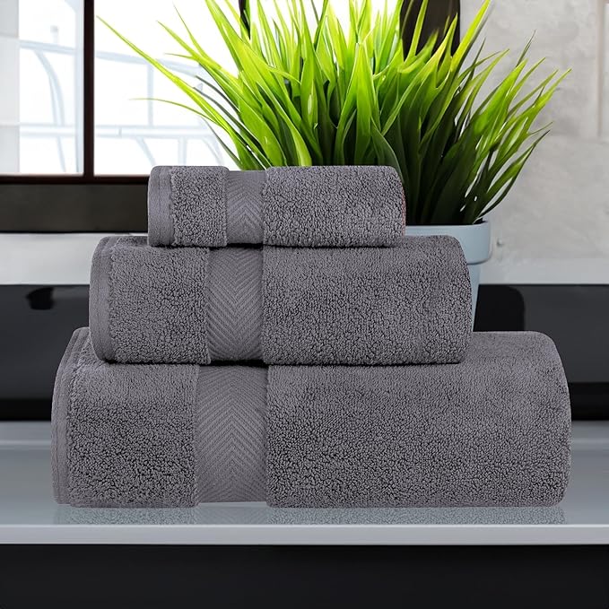 Superior Zero Twist 100% Cotton Towel Set, 3-Piece Set, Extra Soft Bath Towel, Face Towel and Hand Towel, Long-Staple Cotton Towels, Grey