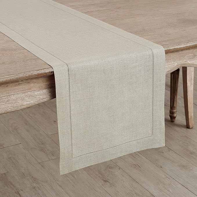 Solino Home Linen Natural Table Runner 36 Inches - Classic Hemstitch, 100% Pure Linen Coffee Table Runner 14 x 36 Inch Ideal for Dresser Tables - Holiday, New Year