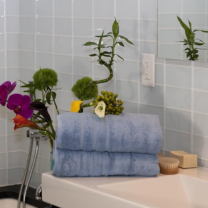 Mosobam Luxury Turkish Set of 2 Bath Towels 30X58 Allure Blue Oversize 700 GSM Bamboo Viscose & Aegean Turkish Combed Cotton