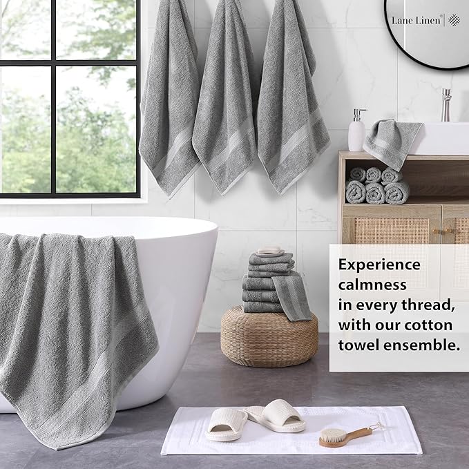 LANE LINEN 100% Ring Spun Cotton Bath Towel Set - 18 PCs - 4 Shower Towels, 8 Washcloths, 6 Hand Towels for Bathroom - Machine Washable, Quick Drying, Soft & Highly Absorbent - Space Grey