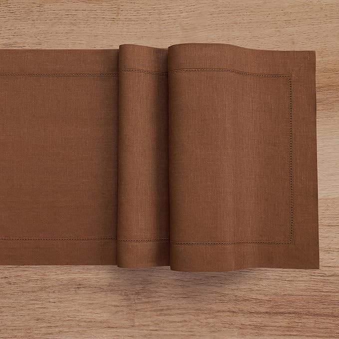 Solino Home Linen Brown Table Runner 120 Inches Long - 100% Pure Linen Hemstitch 14 x 120 Inch Table Runner for Dining - Classic Hemstitch