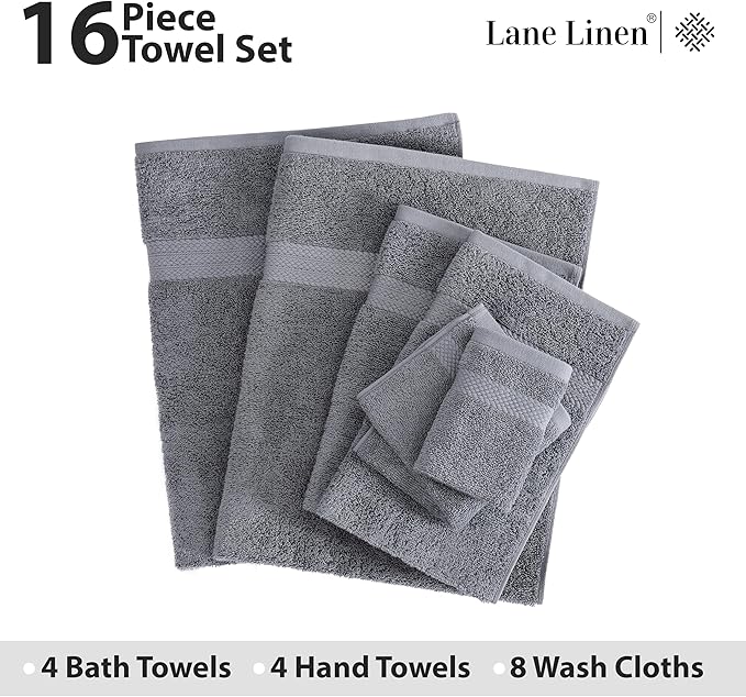 LANE LINEN 100% Cotton Luxury Bath Towel Set - 16 Pieces - Ring Spun, Super Soft & Highly Absorbent - 4 Bath, 8 Washcloths, 4 Hand Towels for Bathroom - Holds Well After Multiple Washes - Cool Grey