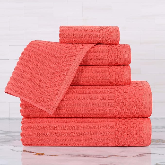 Cotton 6-Piece Solid and Ribbed Towel Set, Face Towels 13” x 13”, Hand Towels 16” x 28”, Bath Towels 27” x 54”, Coral by Superior