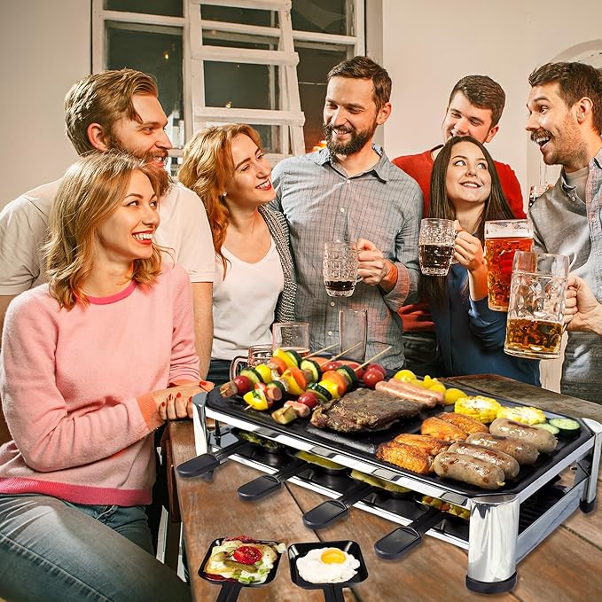 TAMARIT 8-Person Raclette Grill, Electric Party Griddle with Nonstick Grill and Crepe Plates, 8 Pans and Spatulas, 1500W (Indoor), Stainless Steel