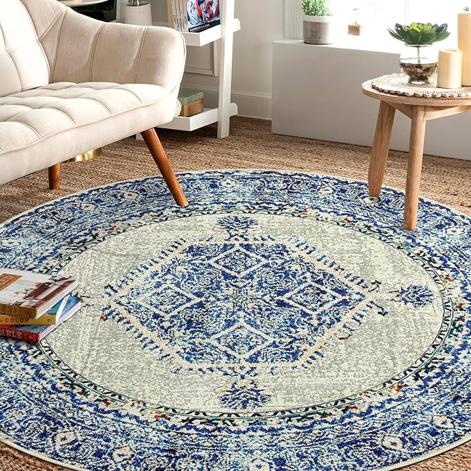Easy-Going Round Rug 6ft Area Rug Washable Boho Circle Rugs for Living Room Non-Slip Bedroom Rug Low Pile Lightweight Medallion Distressed Throw Rug for Dining Room Kitchen Office, Vintage Blue Cream