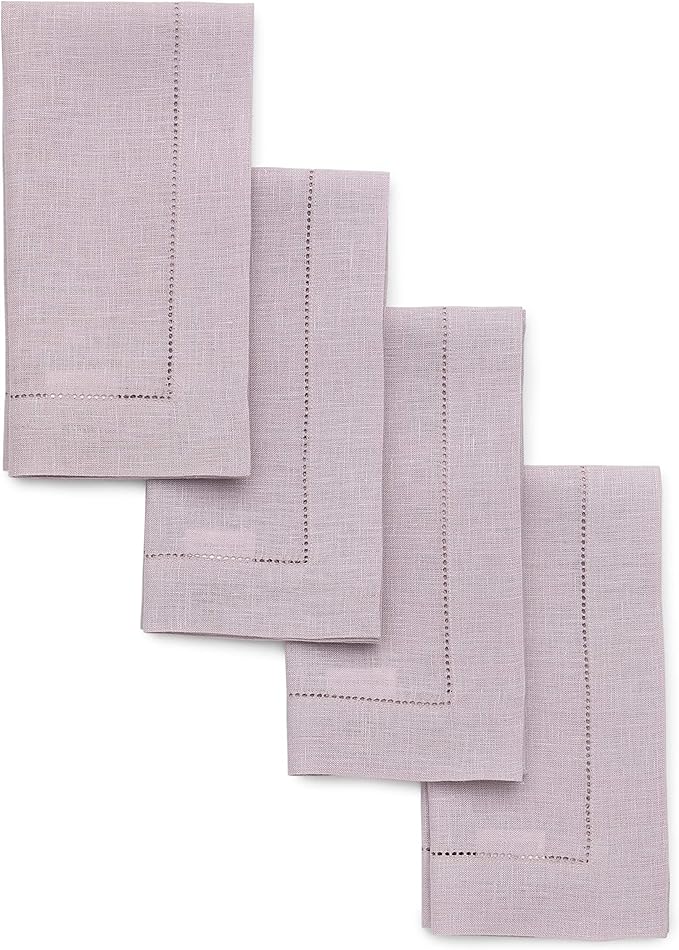 Solino Home Linen Napkins Set of 4 - Classic Hemstitch 100% Pure Linen Lilac Dinner Napkins Cloth 20 x 20 Inch for Valentines - Handcrafted and Machine Washable
