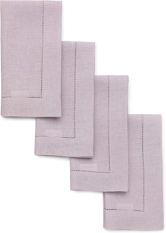 Solino Home Linen Napkins Set of 4 - Classic Hemstitch 100% Pure Linen Lilac Dinner Napkins Cloth 20 x 20 Inch for Valentines - Handcrafted and Machine Washable