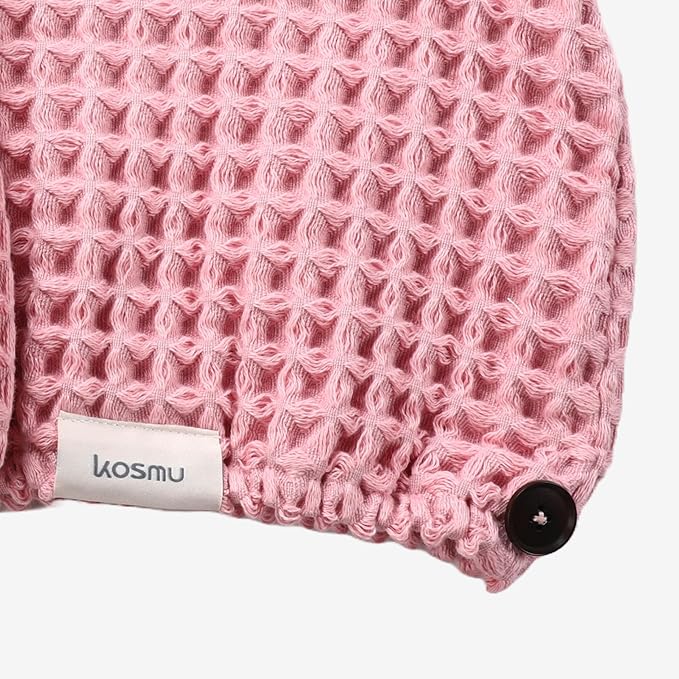 100% Organic Cotton Hair Drying Waffle Towel Wrap for Women | Absorbent & Quick Dry Head Turban for Wet Hair in Shower Sauna Spa, Extra Large for Long Straight Curly Plopping Button (Pink, 2 PACK)
