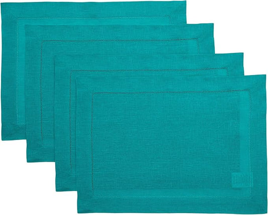 Solino Home Linen Placemats Set of 4 - Classic Hemstitch Teal Placemats 14 x 19 Inch - 100% Pure Linen Table Mats for New Year