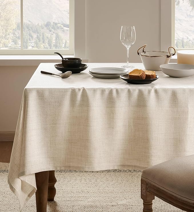 Linen Tablecloth for Square Table 60x60 Inch Light Tan, Farmhouse Style Beige Tablecloth, Water Resistant Burlap Tablecloths for Dining Table Farmhouse Kitchen