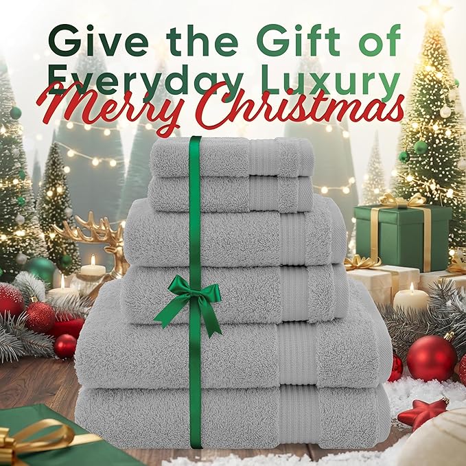 American Veteran Towel, 100% Cotton Turkish 6 Piece Towel Set, Luxury Towels Set of 6 for Bathroom Essentials, 2 Bath Towel 2 Hand Towel 2 Washcloth, Light Grey