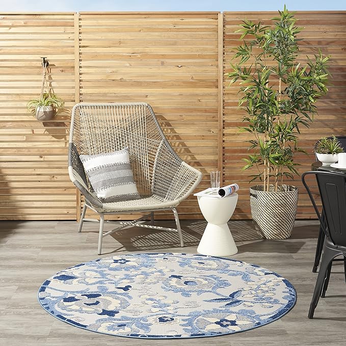 Nourison Aloha Indoor/Outdoor Blue/Grey 4' x Round Area Rug, Easy Cleaning, Non Shedding, Bed Room, Living Room, Dining Room, Backyard, Deck, Patio (4 Round)