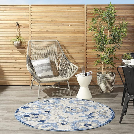 Nourison Aloha Indoor/Outdoor Blue/Grey 4' x Round Area Rug, Easy Cleaning, Non Shedding, Bed Room, Living Room, Dining Room, Backyard, Deck, Patio (4 Round)