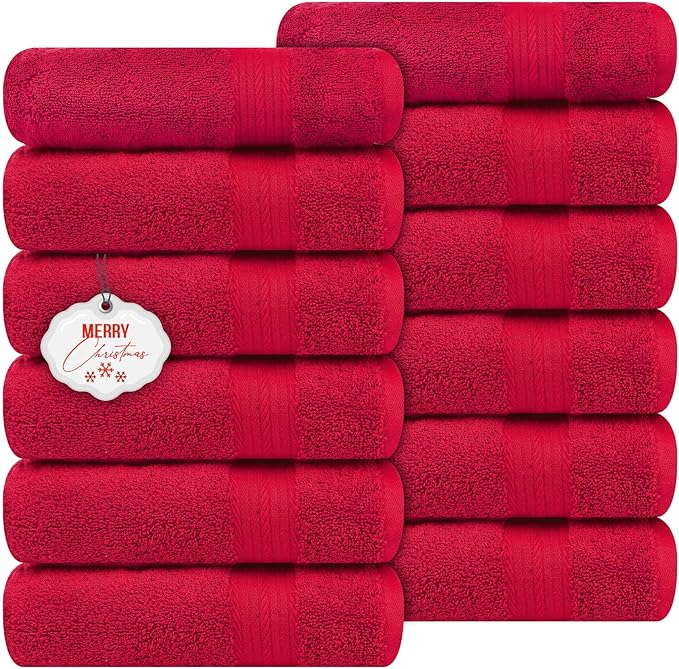 Ample Decor Hand Towel 18 X 28 Inch Pack of 12 600 GSM 100% Cotton, Soft Absorbent Thick Durable Premium Quality, for Hotel, Bathroom, Spa, Daily Use, Gym - Christmas Red